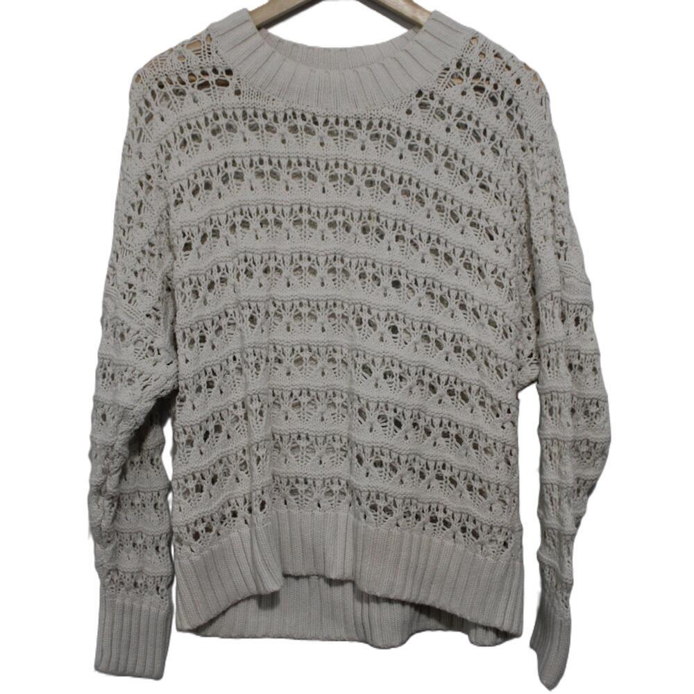 Womens Abercrombie & Fitch Cream Ribbed Knit Crochet Crewneck Sweater Size XL